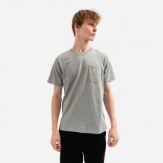 לצפייה במוצר חולצת טישירט כיס Carhartt לגברים בצבע אפור מלאנז' (Grey Heather) עם לוגו מרובע