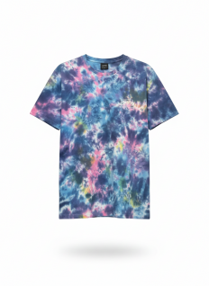 לצפייה במוצר חולצת טי-שירט Tie-Dye בעיצוב גלקסיה צבעוני – כחול, ורוד וצהוב | חולצת כותנה יוניסקס בעיצוב אורבני
