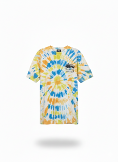 לצפייה במוצר חולצת טי-שירט Tie-Dye ספירלה צהוב-כחול בסגנון רטרו | חולצת סטריטוור יוניסקס עם לוגו גרפי